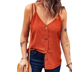 Burt Orange Top with Spaghetti Adjustable Straps and Buttons Summer Blouse M/L